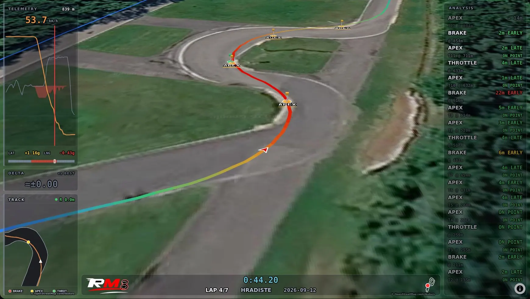 A lap without video: the flyover follows the driver's line over the track with the same HUD — speed, delta and corners.
